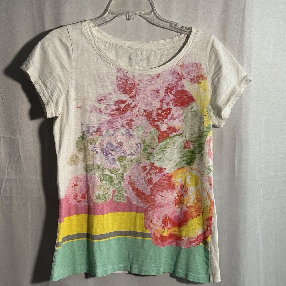 Lands End Floral Tee Womens Medium Pink Yellow Striped Casual Summer Top
